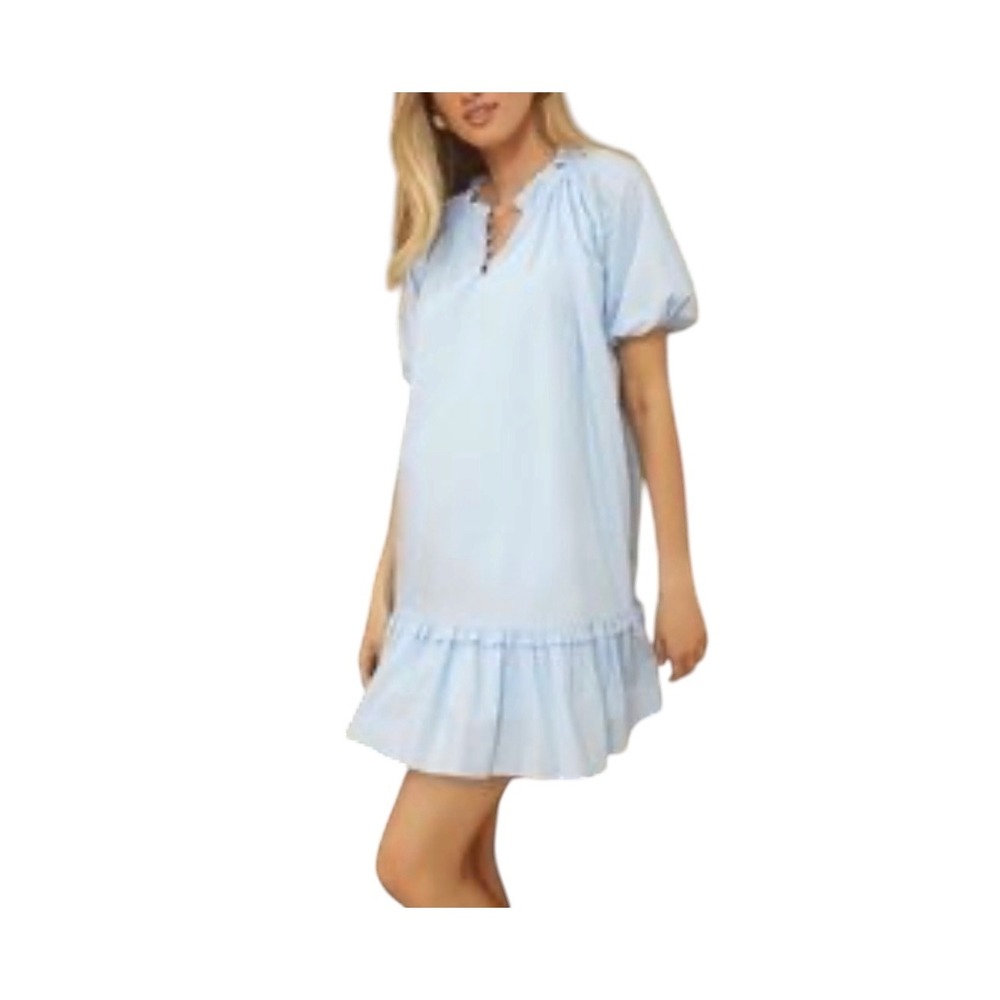 Hyacinth House Light Blue Cotton Ruffle Henley Puff Sleeve Mini Dress Large